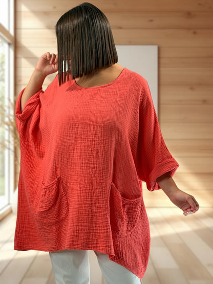 ANAIS - TUNIQUE OVERSIZE CORAIL EN GAZE DE COTON JUSQU'A LA TAILLE 58