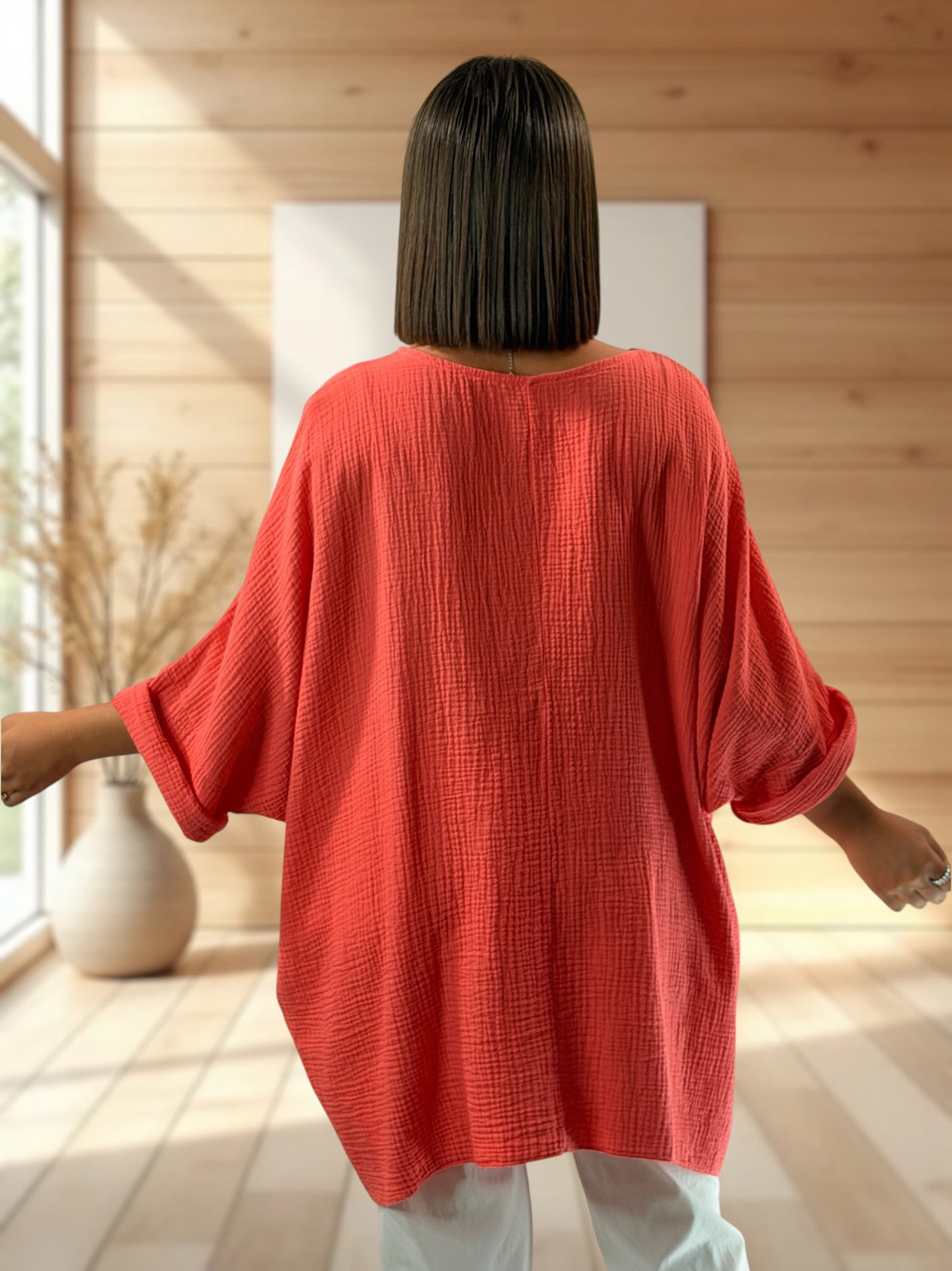ANAIS - TUNIQUE OVERSIZE CORAIL EN GAZE DE COTON JUSQU'A LA TAILLE 58