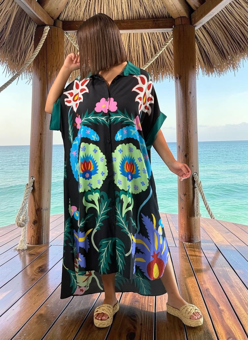 ANOUK - ROBE OVERSIZE NOIRE A MOTIF JUSQU'A LA TAILLE 52