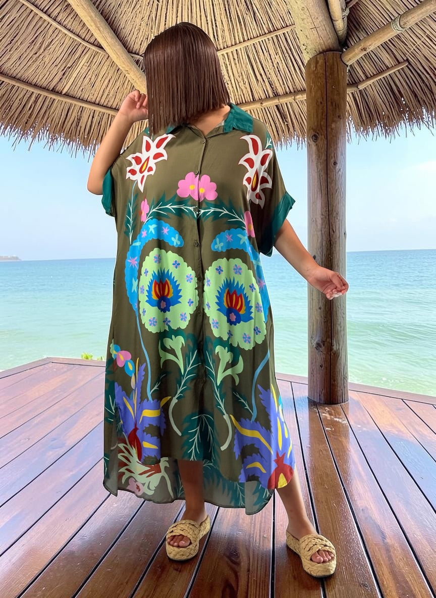 ANOUK - ROBE OVERSIZE KAKI A MOTIF JUSQU'A LA TAILLE 52