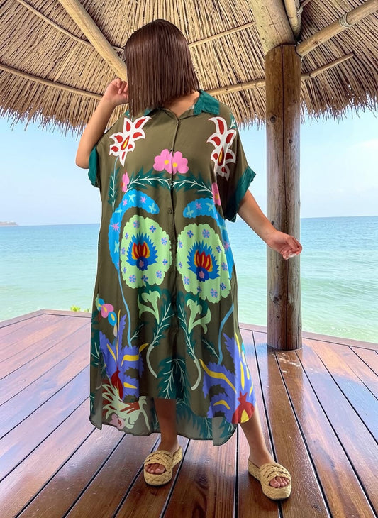 ANOUK - ROBE OVERSIZE KAKI A MOTIF JUSQU'A LA TAILLE 52