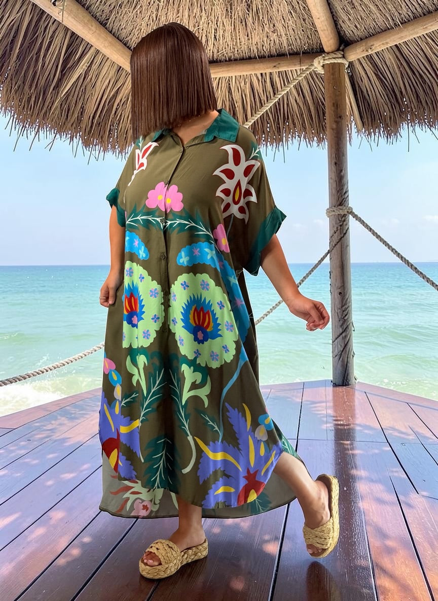 ANOUK - ROBE OVERSIZE KAKI A MOTIF JUSQU'A LA TAILLE 52