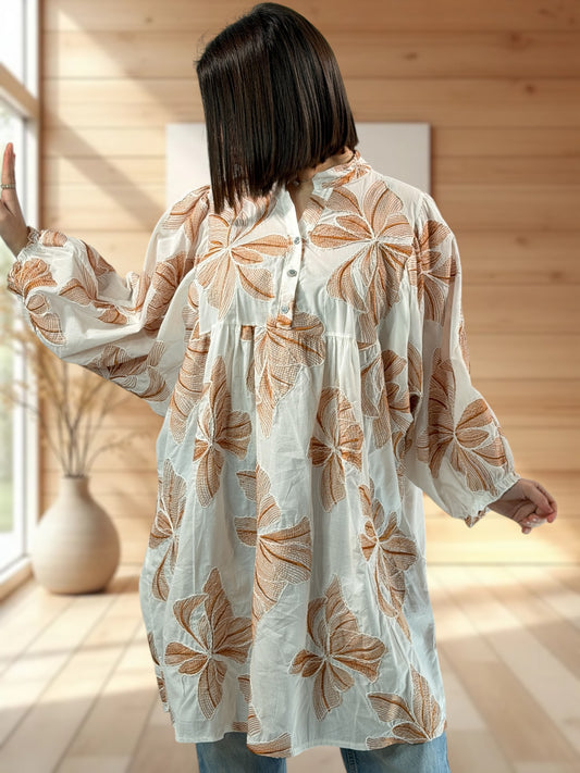 LOUISIE  - TUNIQUE OVERSIZE MOTIF BRODEE JUSQU'A LA TAILLE 54