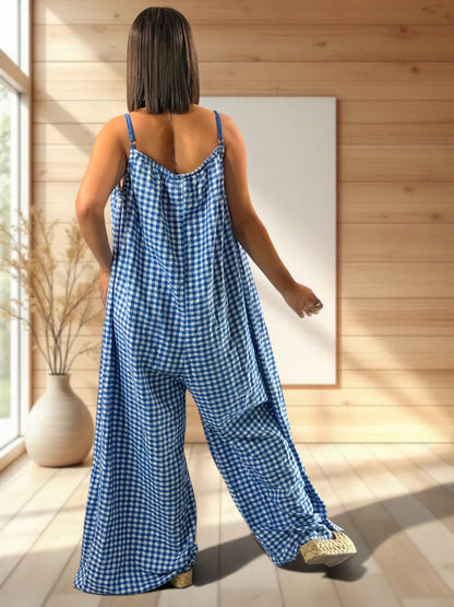 BICHETTE - COMBI OVERSIZE VICHY BLEU IMPERIAL JUSQU'A LA TAILLE 56