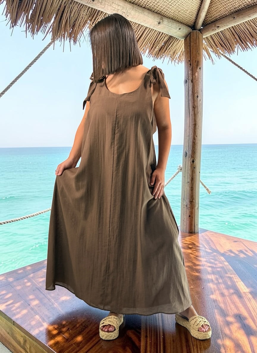 CHANTOU - ROBE LONGUE MARRON JUSQU'A LA TAILLE 48