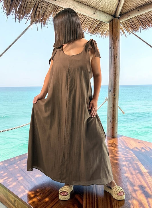 CHANTOU - ROBE LONGUE MARRON JUSQU'A LA TAILLE 48