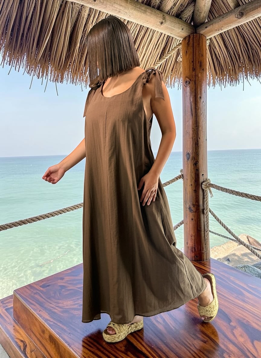 CHANTOU - ROBE LONGUE MARRON JUSQU'A LA TAILLE 48