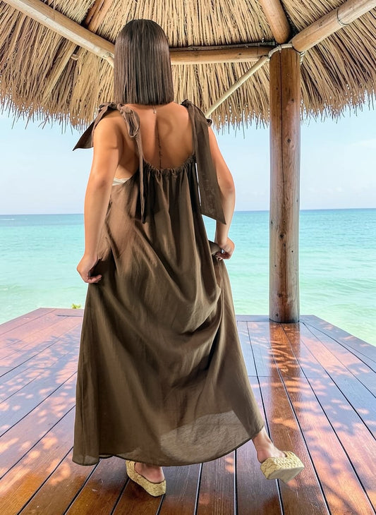 CHANTOU - ROBE LONGUE MARRON JUSQU'A LA TAILLE 48