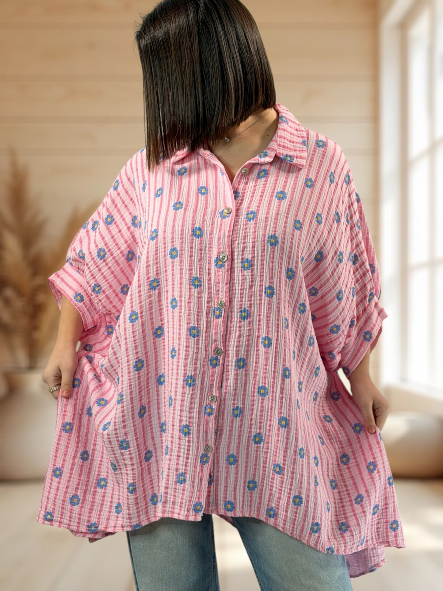 ELEONORA - TUNIQUE OVERSIZE ROSE A MOTIF JUSQU'A LA TAILLE 58