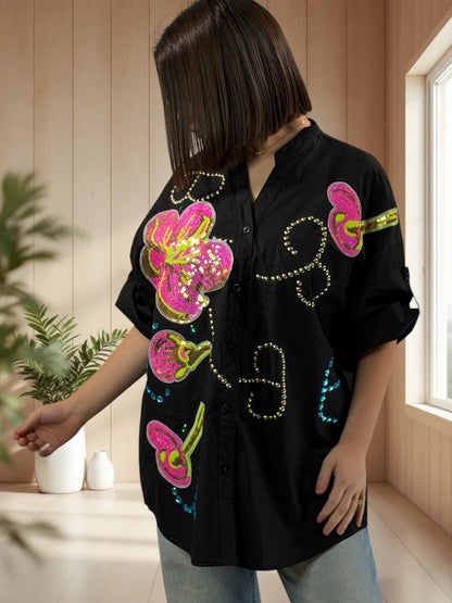 HAILEY - CHEMISE OVERSIZE NOIRE JUSQU'A LA TAILLE 50/52