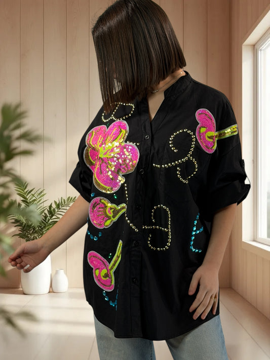HAILEY - CHEMISE OVERSIZE NOIRE JUSQU'A LA TAILLE 50/52