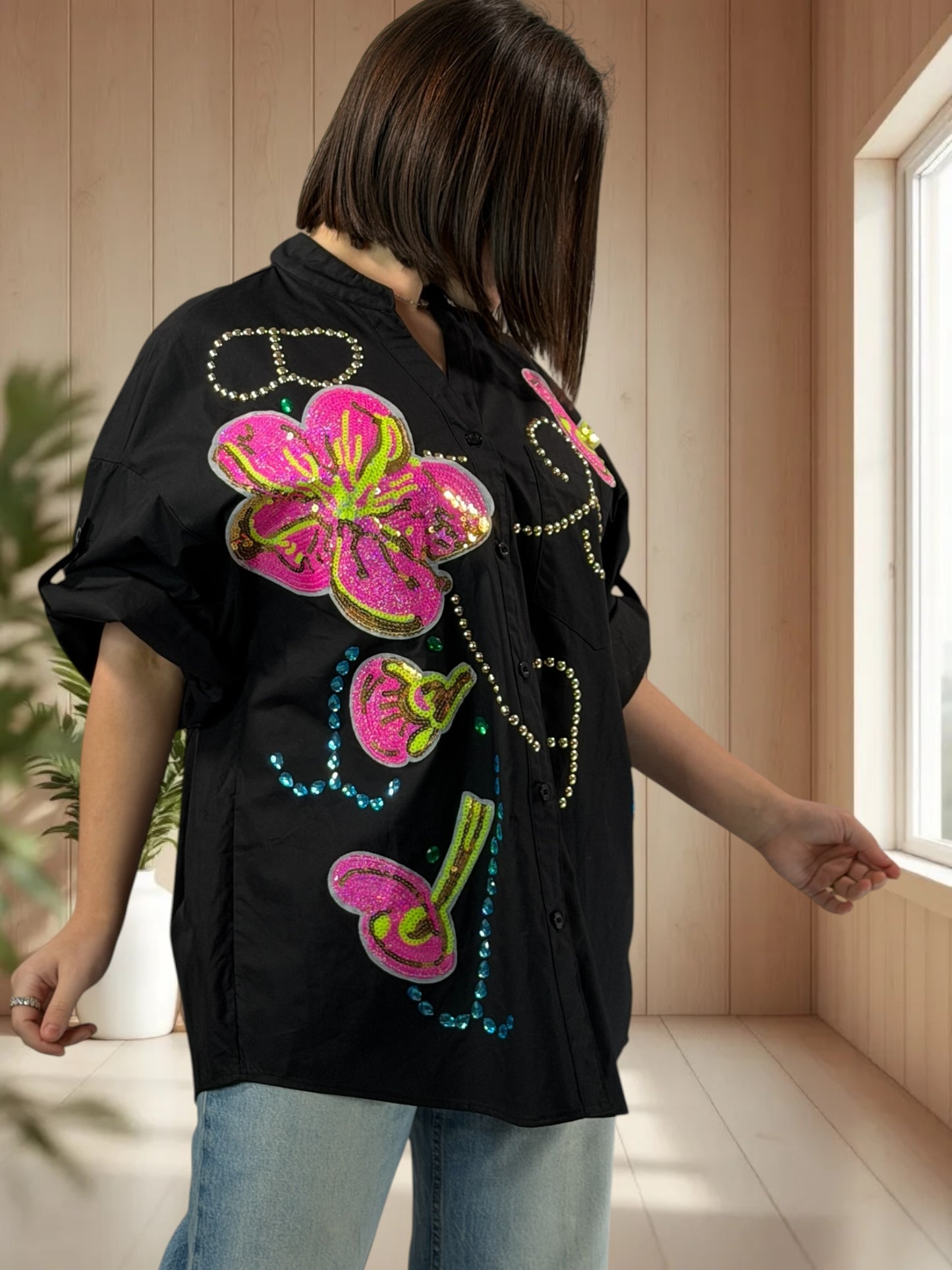 HAILEY - CHEMISE OVERSIZE NOIRE JUSQU'A LA TAILLE 50/52