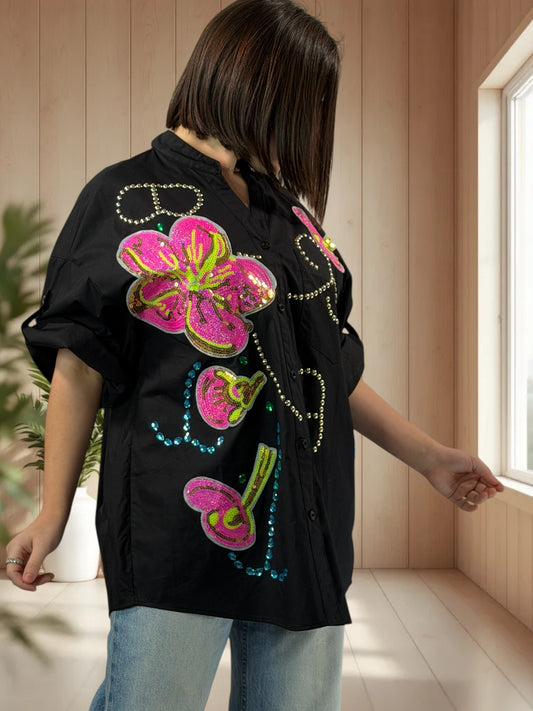 HAILEY - CHEMISE OVERSIZE NOIRE JUSQU'A LA TAILLE 50/52