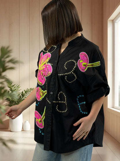 HAILEY - CHEMISE OVERSIZE NOIRE JUSQU'A LA TAILLE 50/52