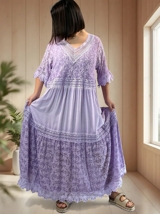 MARILOU - ROBE LONGUE LILAS EN DENTELLE JUSQU'A LA TAILLE 50