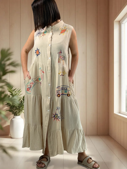 WENDY - ROBE LONGUE BEIGE BRODEE JUSQU'A LA TAILLE 50