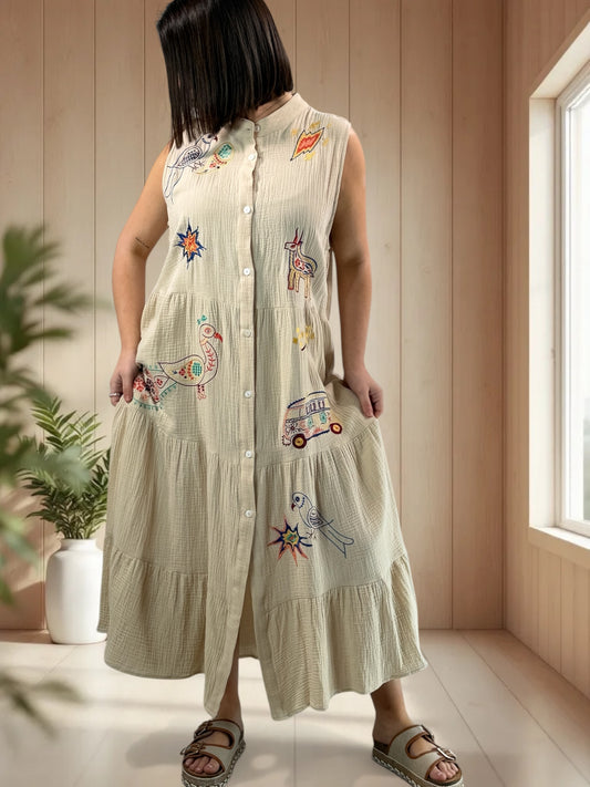 WENDY - ROBE LONGUE BEIGE BRODEE JUSQU'A LA TAILLE 50