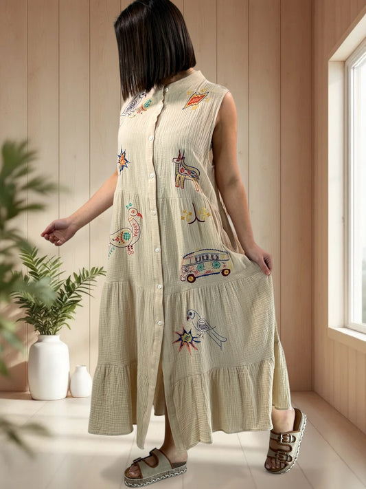 WENDY - ROBE LONGUE BEIGE BRODEE JUSQU'A LA TAILLE 50