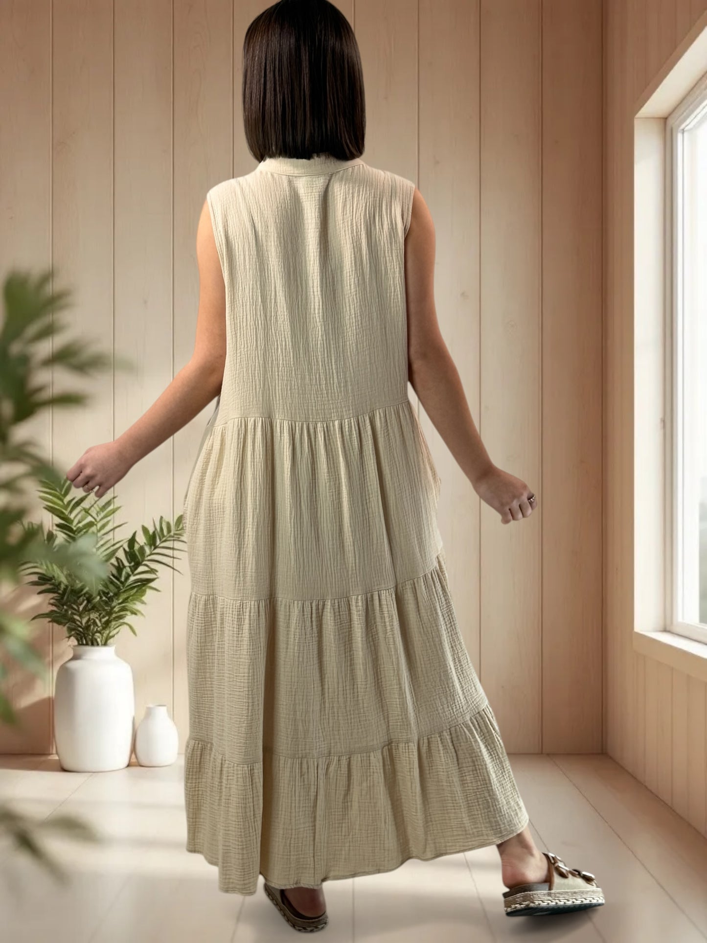 WENDY - ROBE LONGUE BEIGE BRODEE JUSQU'A LA TAILLE 50