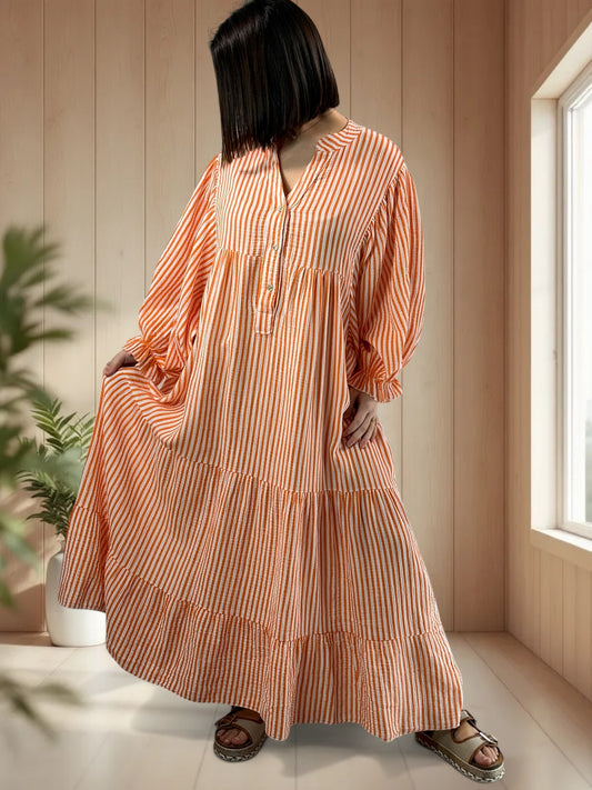 VICKY - ROBE LONGUE A RAYURE ORANGE JUSQU'A LA TAILLE 54