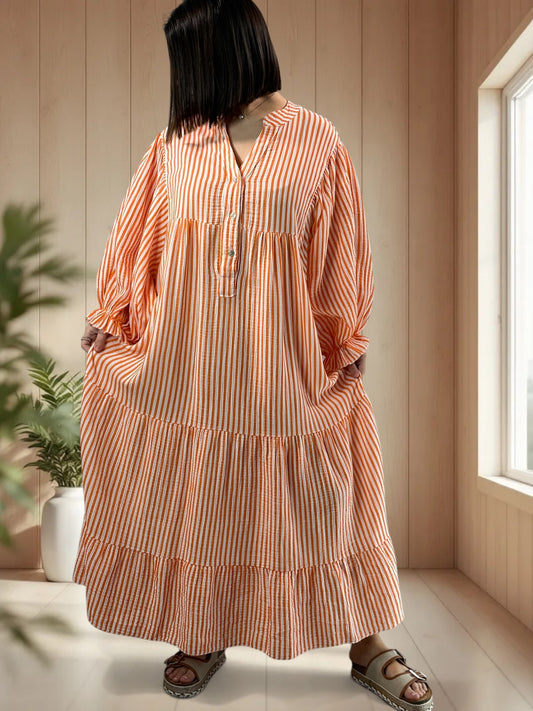 VICKY - ROBE LONGUE A RAYURE ORANGE JUSQU'A LA TAILLE 54