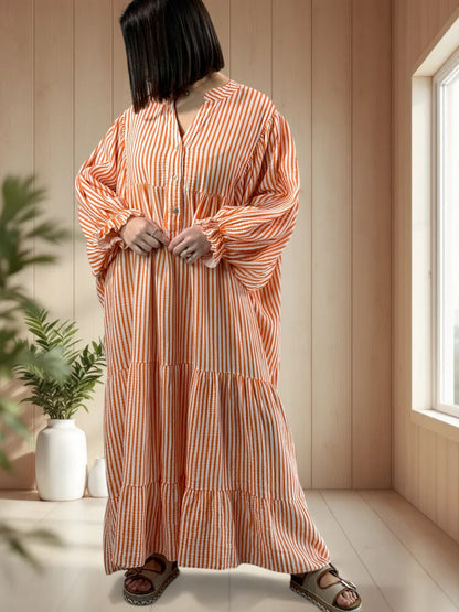 VICKY - ROBE LONGUE A RAYURE ORANGE JUSQU'A LA TAILLE 54