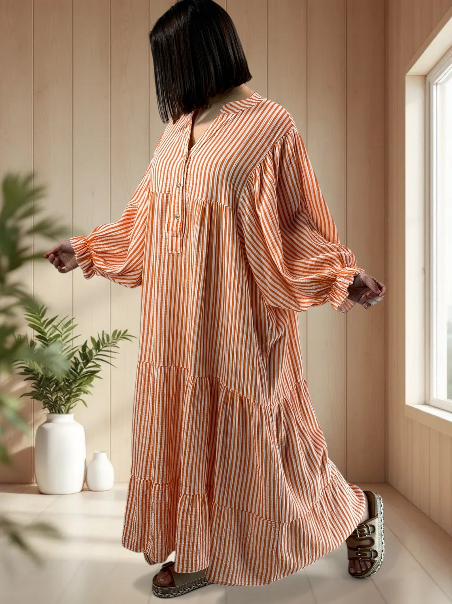 VICKY - ROBE LONGUE A RAYURE ORANGE JUSQU'A LA TAILLE 54