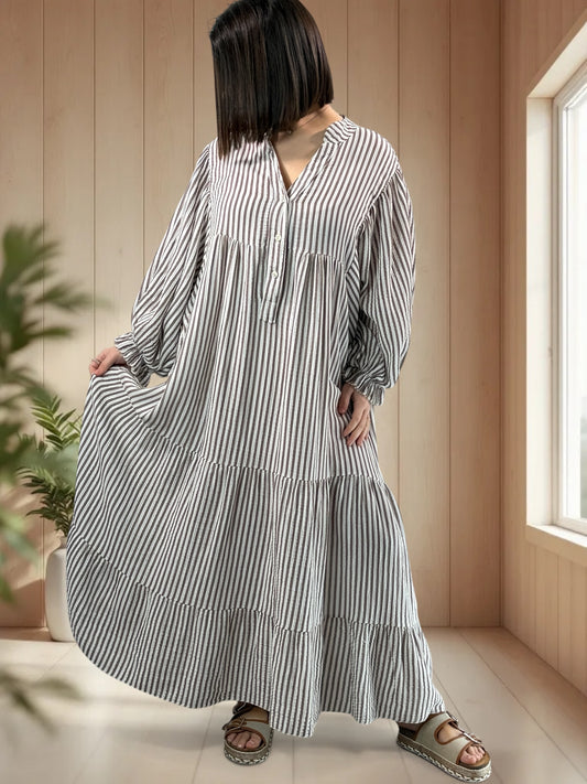 VICKY - ROBE LONGUE A RAYURE TAUPE JUSQU'A LA TAILLE 54