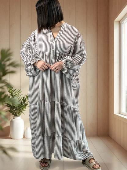 VICKY - ROBE LONGUE A RAYURE TAUPE JUSQU'A LA TAILLE 54