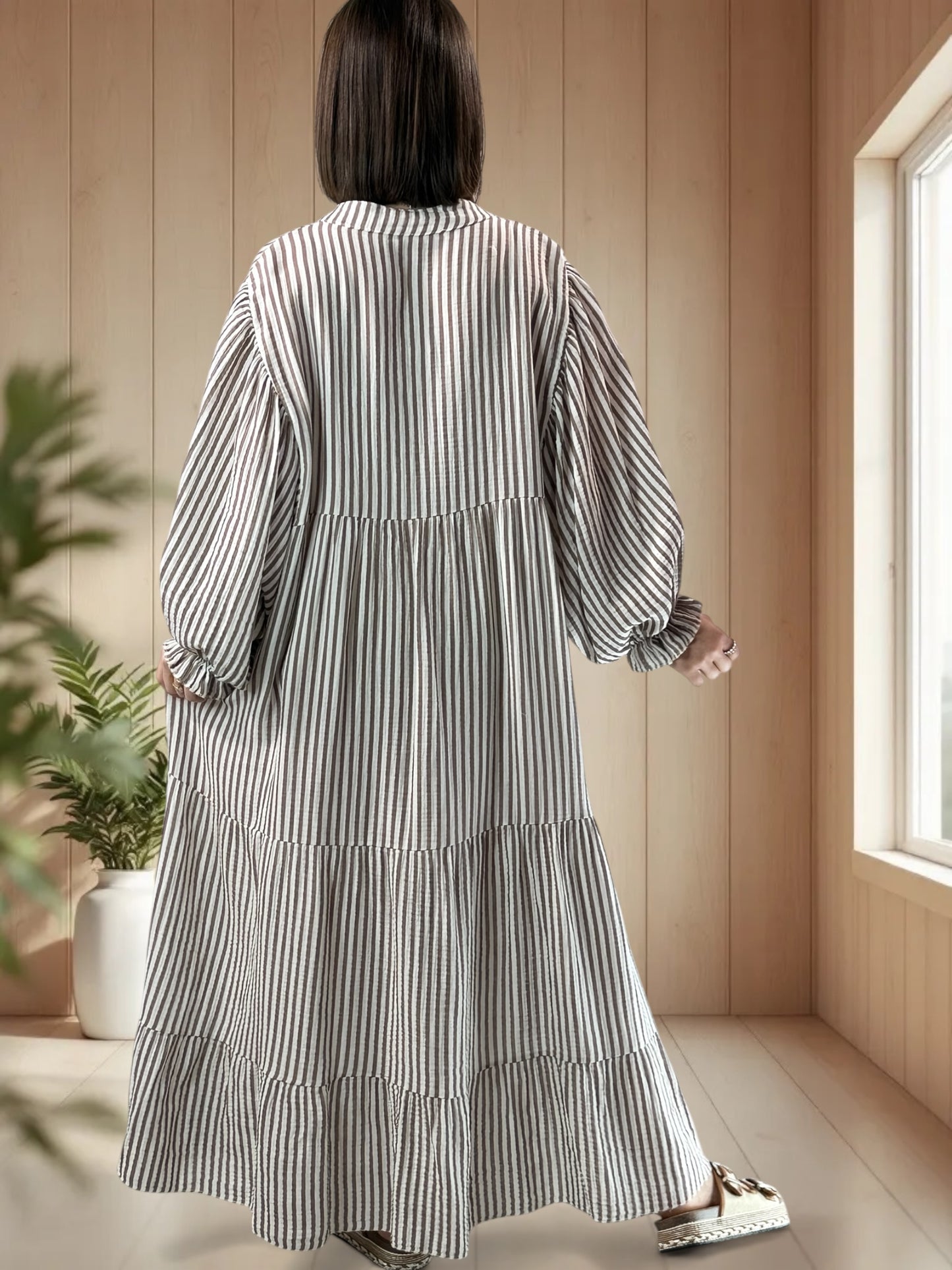 VICKY - ROBE LONGUE A RAYURE TAUPE JUSQU'A LA TAILLE 54