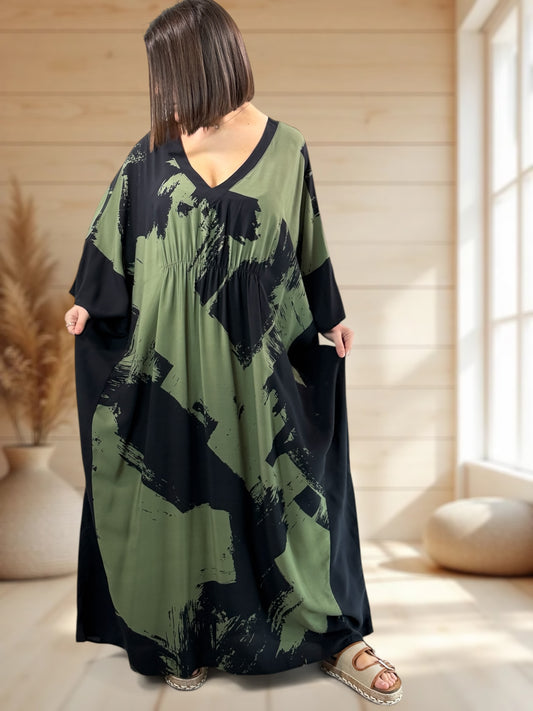 AMBRE - ROBE LONGUE A MOTIF KAKI JUSQU'A LA TAILLE 56/58