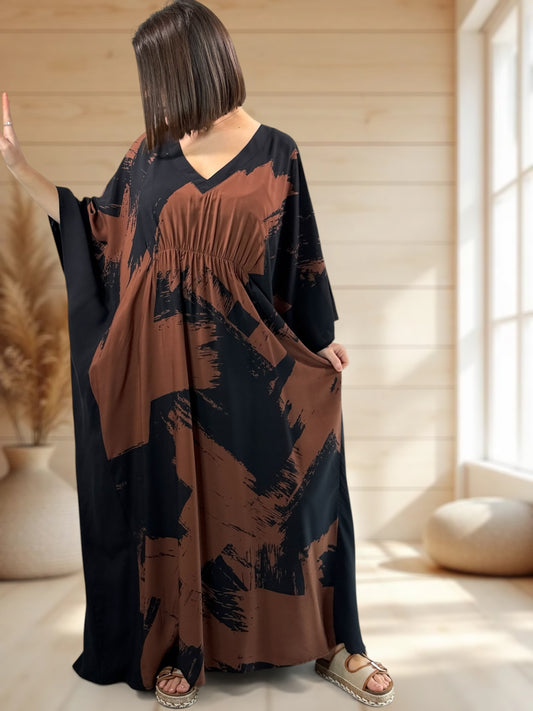 AMBRE - ROBE LONGUE A MOTIF ROUX JUSQU'A LA TAILLE 56/58