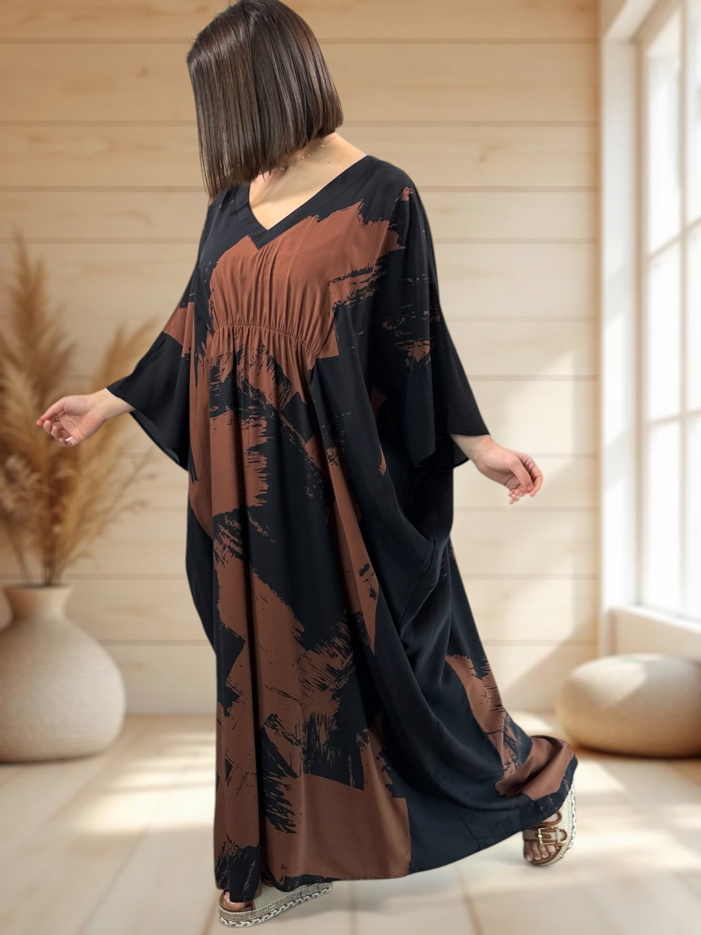 AMBRE - ROBE LONGUE A MOTIF ROUX JUSQU'A LA TAILLE 56/58