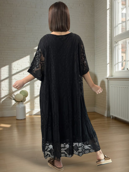 LINDA - ROBE LONGUE NOIRE EN DENTELLE JUSQU'A LA TAILLE 56