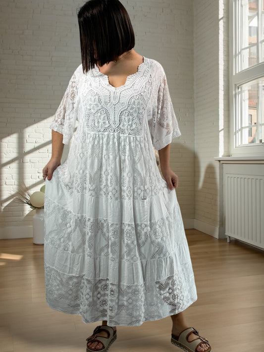 LINDA - ROBE LONGUE BLANCHE EN DENTELLE JUSQU'A LA TAILLE 56