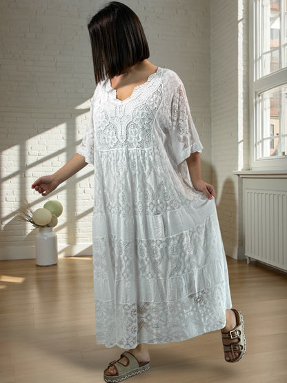 LINDA - ROBE LONGUE BLANCHE EN DENTELLE JUSQU'A LA TAILLE 56