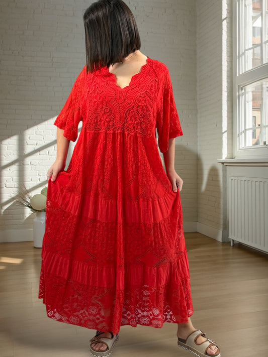 LINDA - ROBE LONGUE ROUGE EN DENTELLE JUSQU'A LA TAILLE 56