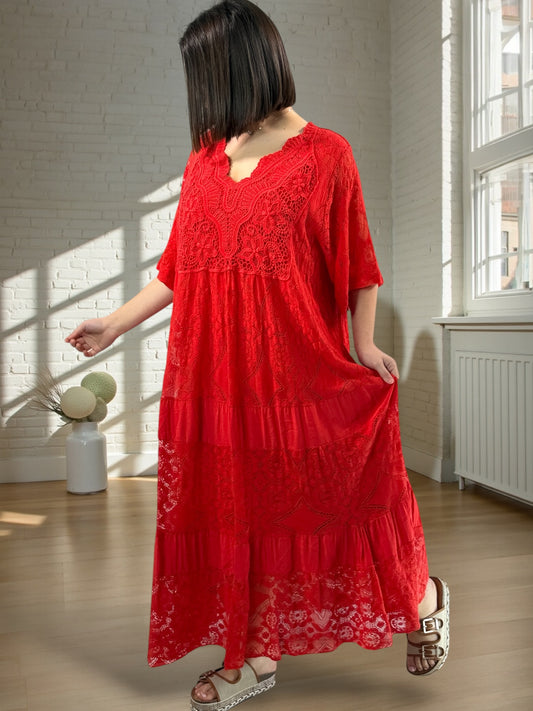 LINDA - ROBE LONGUE ROUGE EN DENTELLE JUSQU'A LA TAILLE 56