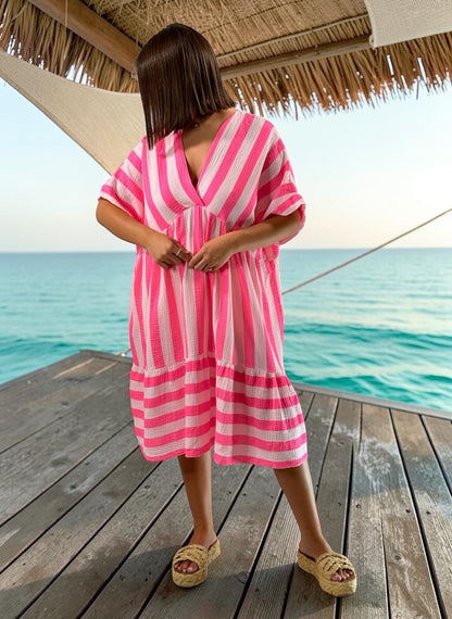 ALINA - ROBE FUCHSIA EN GAZE DE COTON JUSQU'A LA TAILLE 54