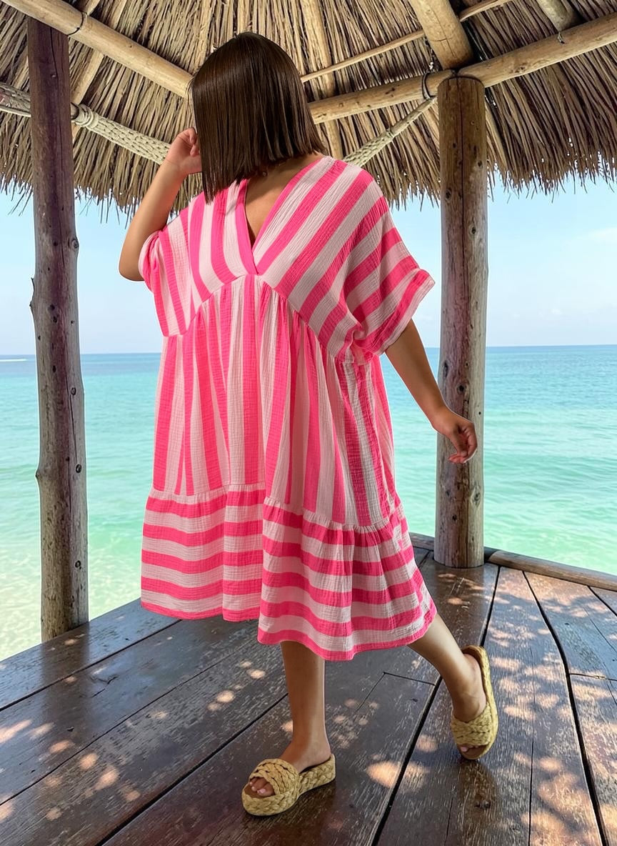 ALINA - ROBE FUCHSIA EN GAZE DE COTON JUSQU'A LA TAILLE 54