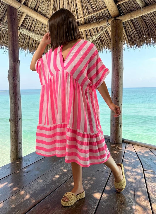 ALINA - ROBE FUCHSIA EN GAZE DE COTON JUSQU'A LA TAILLE 54