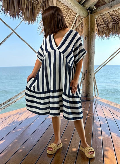 ALINA - ROBE MARINE EN GAZE DE COTON JUSQU'A LA TAILLE 54