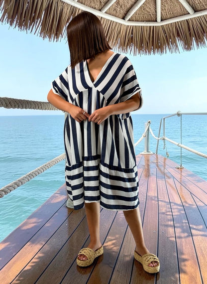 ALINA - ROBE MARINE EN GAZE DE COTON JUSQU'A LA TAILLE 54