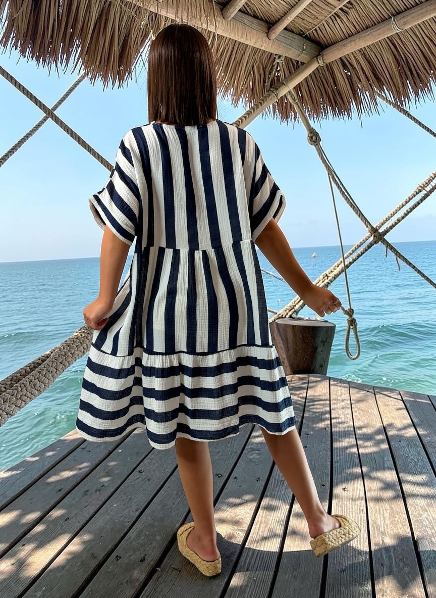 ALINA - ROBE MARINE EN GAZE DE COTON JUSQU'A LA TAILLE 54