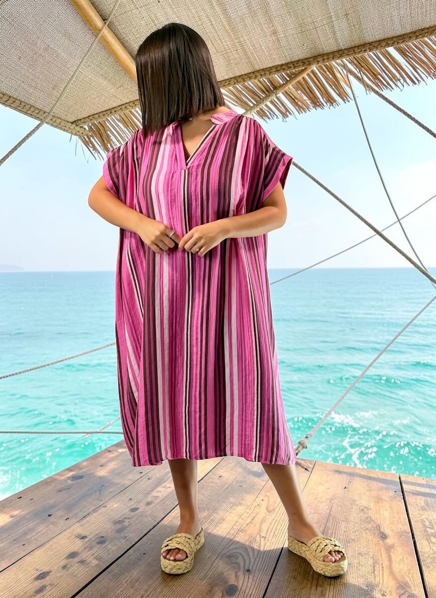 CORALINE - ROBE OVERSIZE A RAYURE FUCHSIA JUSQU'A LA TAILLE 56