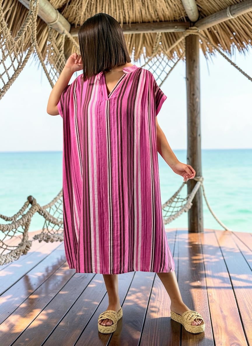 CORALINE - ROBE OVERSIZE A RAYURE FUCHSIA JUSQU'A LA TAILLE 56
