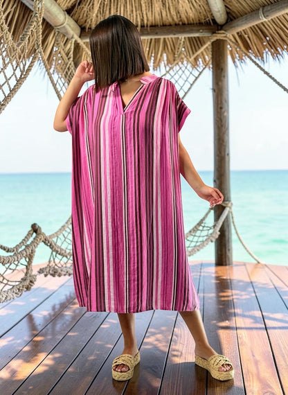 CORALINE - ROBE OVERSIZE A RAYURE FUCHSIA JUSQU'A LA TAILLE 56