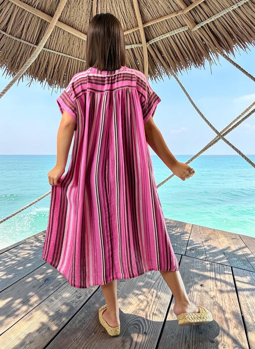 CORALINE - ROBE OVERSIZE A RAYURE FUCHSIA JUSQU'A LA TAILLE 56