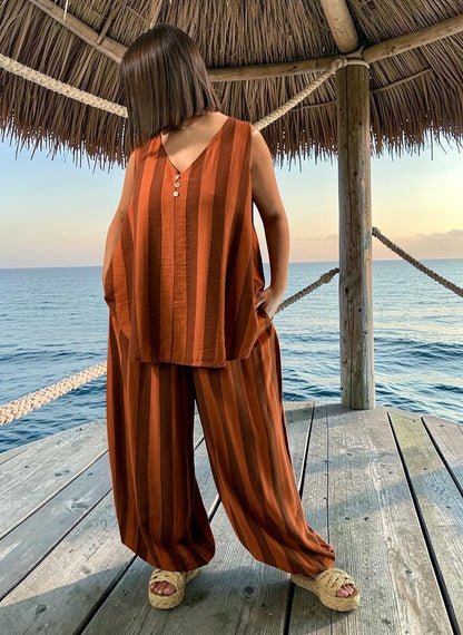 PEPINO - PANTALON A RAYURE TERRACOTTA JUSQUA LA TAILLE 54