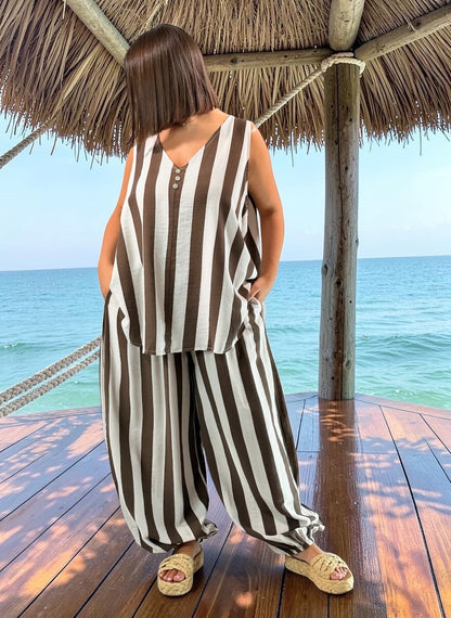 PEPINO - PANTALON A RAYURE MARRON JUSQUA LA TAILLE 54